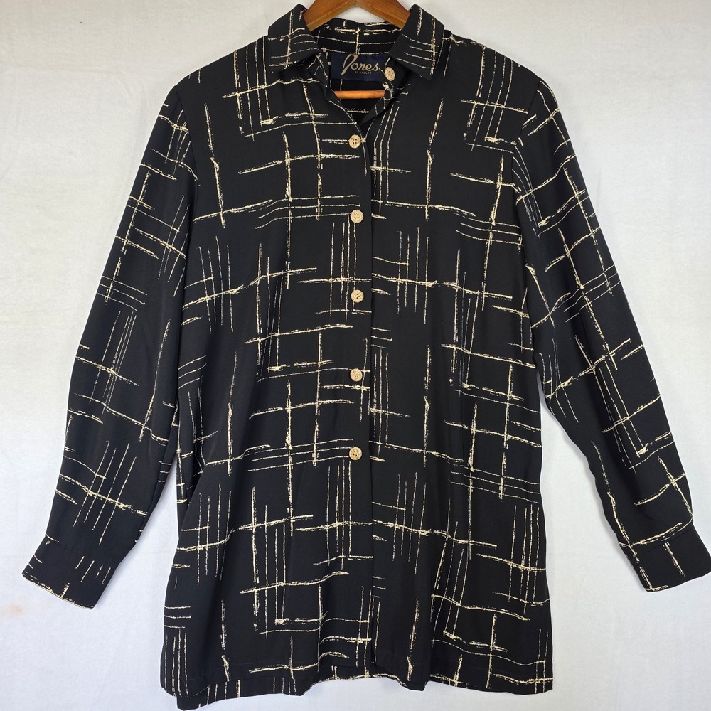 Vintage Jones Of Dallas‎ Womens Blouse 90's 80's Artsy Button Up Black Sz Large